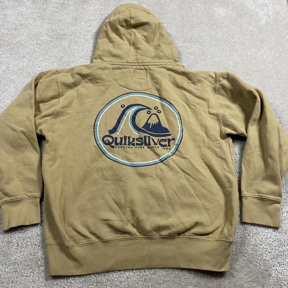 Y2K Quiksilver Hoodie Mens M Brown Pullover Surf Graphic Fleece Sweatshirt Logo